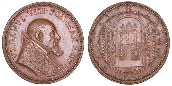 STATO PONTIFICIO. URBANO VIII (Maffeo Barberini), 1623-1644. Medaglia annuale in bronzo (1638)/A.XVI.  Nuova Armeria Vaticana.