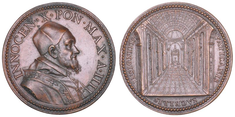 STATO PONTIFICIO. INNOCENZO X (Giovanni Battista Pamphilj), 1644-1655. Medaglia annuale in bronzo A. IIII (1648). Decorazioni della Basilica Vaticana.  - Auction Numismatics - Cambi Casa d'Aste