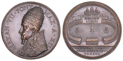 Medaglia in bronzo commemorativa di Alessandro VII, 1666 - A. XII, completamento del colonnato di...