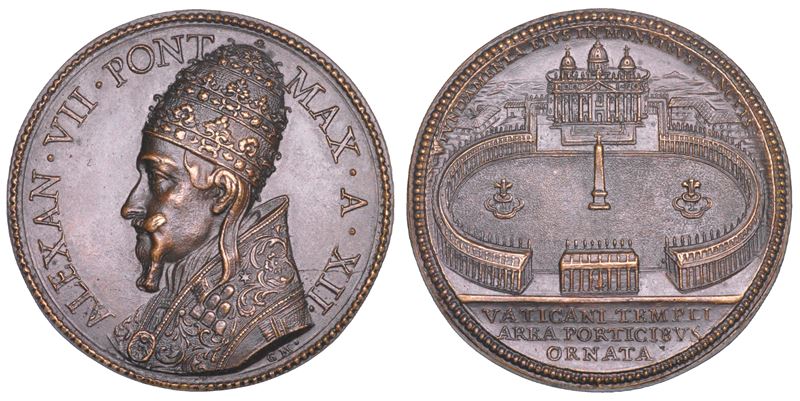 STATO PONTIFICIO. ALESSANDRO VII (Fabio Chigi), 1655-1667. Medaglia in bronzo A. XII (1666). Completamento del colonnato di Piazza San Pietro.  - Auction Numismatics - Cambi Casa d'Aste