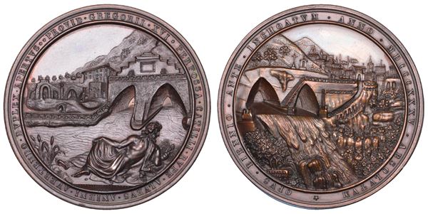 STATO PONTIFICIO. GREGORIO XVI, (Bartolomeo Alberto Cappellari di Belluno), 1831-1846. Medaglia  in bronzo 1835/(A. V.). Deviazione del corso dell'Aniene a Tivoli.