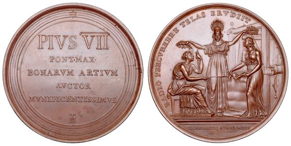 STATO PONTIFICIO. PIO VII (Barnaba Chiaramonti), 1800-1823. Medaglia premio in bronzo 1819/A.XX. Benemerenze del Pontefice a favore dell'Industria tessile.
