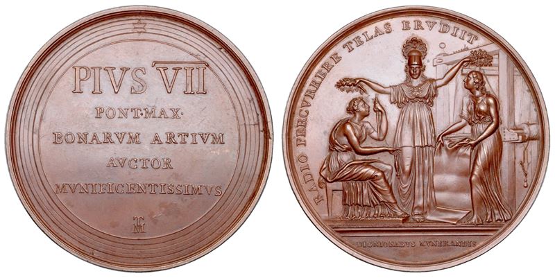 STATO PONTIFICIO. PIO VII (Barnaba Chiaramonti), 1800-1823. Medaglia premio in bronzo 1819/A.XX. Benemerenze del Pontefice a favore dell'Industria tessile.  - Asta Numismatica - Cambi Casa d'Aste