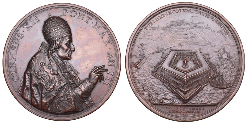 STATO PONTIFICIO. CLEMENTE XII (Lorenzo Corsini), 1730-1740. Medaglia in bronzo 1734/A.III. Costruzione del lazzaretto ad Ancona.  - Auction Numismatics - Cambi Casa d'Aste