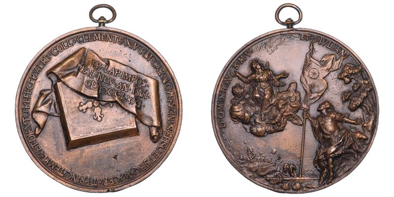 STATO PONTIFICIO. CLEMENTE XIV (Gian Vincenzo Antonio Ganganelli), 1769-1774. Medaglia in bronzo 1771. Cardinale Carlo Augusto Peruzini, Vescovo diocesano di Macerata. Posa della prima pietra della chiesa dedicata alla Beata Vergine ed a San Giuliano di Macerata.  - Auction Numismatics - Cambi Casa d'Aste