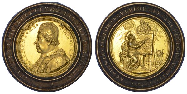 STATO PONTIFICIO. CLEMENTE XI (Giovanni Francesco Albani), 1700-1721. Medaglia premio in bronzo dorato 1710 con corona esterna non dorata. Premio dell'Accademia di San Luca.