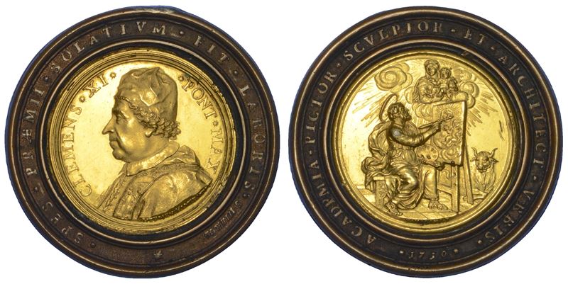 STATO PONTIFICIO. CLEMENTE XI (Giovanni Francesco Albani), 1700-1721. Medaglia premio in bronzo dorato 1710 con corona esterna non dorata. Premio dell'Accademia di San Luca.  - Asta Numismatica - Cambi Casa d'Aste