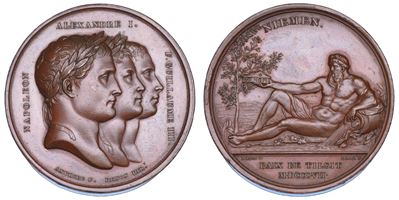 Napoleone I, Alessandro I e Federico Guglielmo III, Medaglia in bronzo «Pace di Tilsit» (1807)