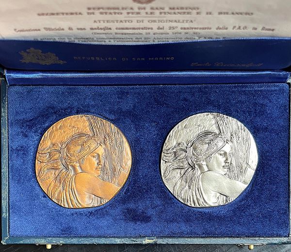 REPUBBLICA DI SAN MARINO. Dittico di medaglie in argento e bronzo celebrative del venticinquesimo anniversario della F.A.O., 1976.