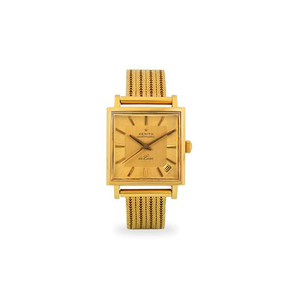 Respirator De Luxe in oro giallo 18k con bracciale lavorato, quadrante dorato con indici applicati e datario, circa 1960