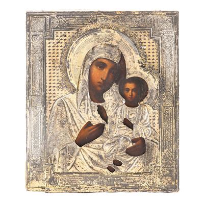 Icona su tavola, Vergine di Kazan; riza in argento fuso, sbalzato e cesellato (Mosca, 1893)