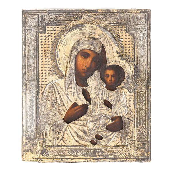 Icona su tavola. Riza in argento, Mosca 1893. Saggiatore A. Svechin. Marchio dell'argentiere (non identificato)