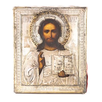 Cristo Pantocratore, Icona su tavola con riza in argento fuso, sbalzato e traforato, Russia, XIX-...