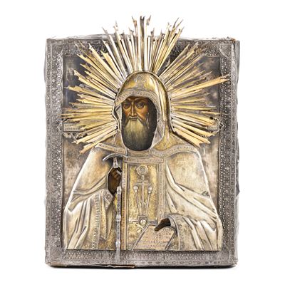 Icona su tavola con riza in argento fuso, sbalzato e dorato, San Pietroburgo (1835)