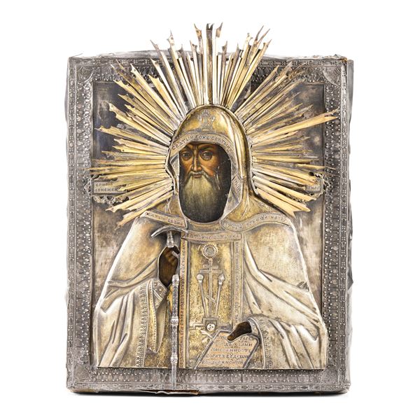 Icona su tavola. Riza in argento, San Pietroburgo, 1835. Marchi dell'argentiere e del saggiatore non identificati