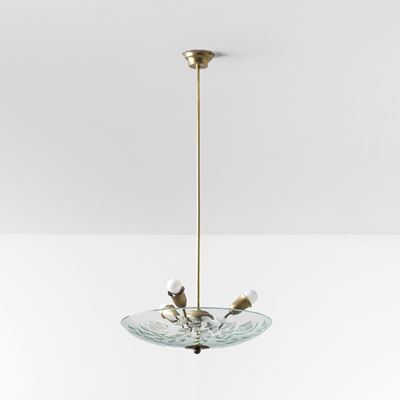Lampada a sospensione, struttura in ottone e diffusore in vetro