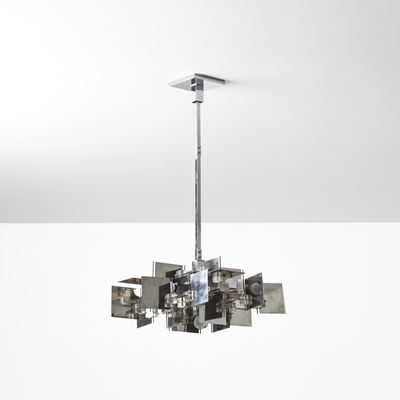 Lampada a sospensione in metallo cromato e plexiglass