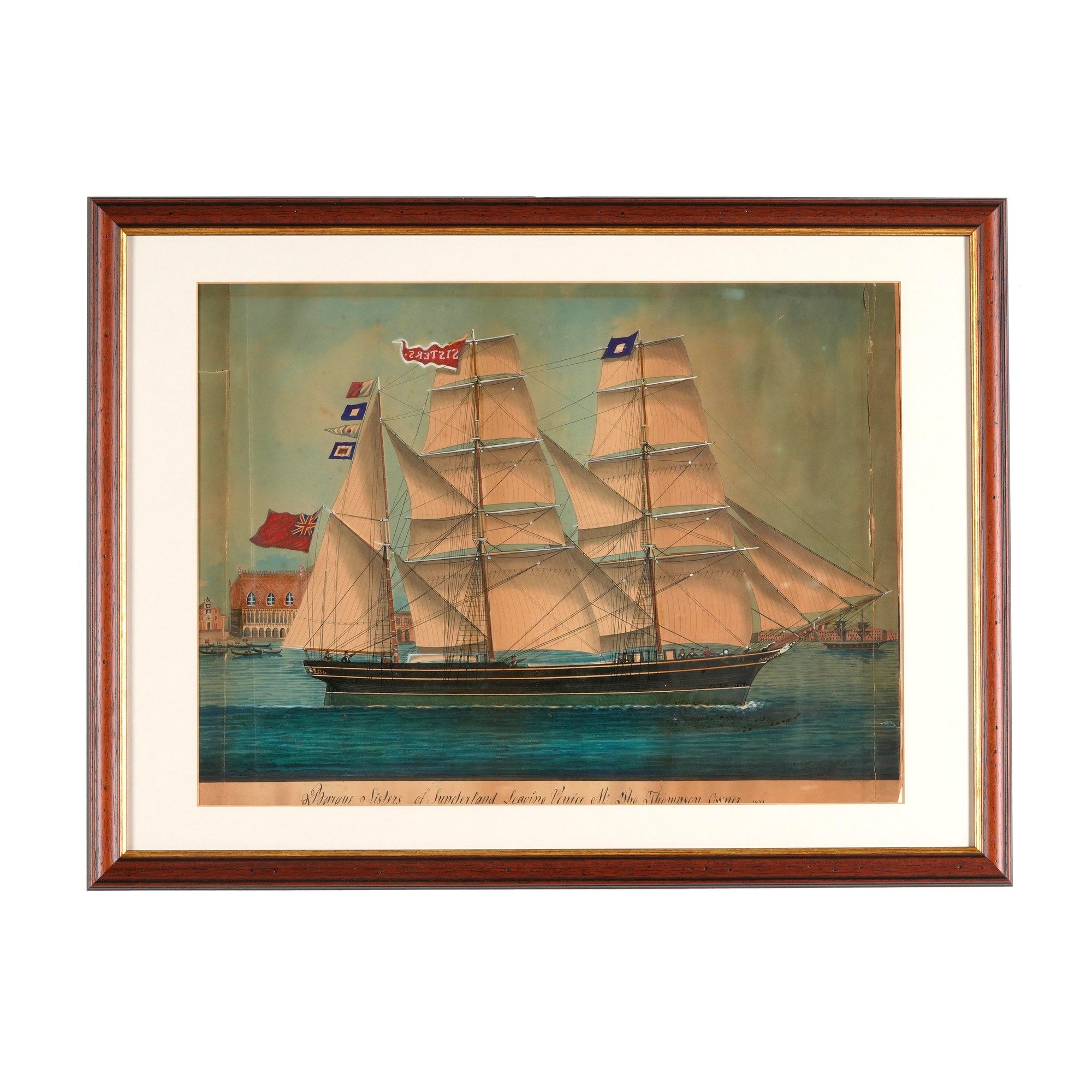 Giovanni Luzzo (XIX-XX Secolo) - Barque Sisters of Sunderland Leaving Venice, gouache su carta