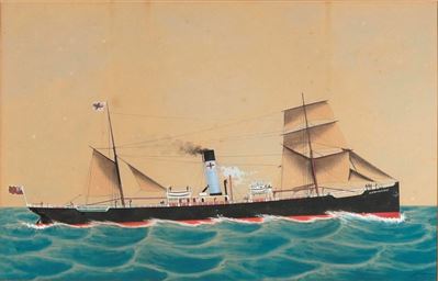 Ritratto di nave in navigazione, gouache su carta