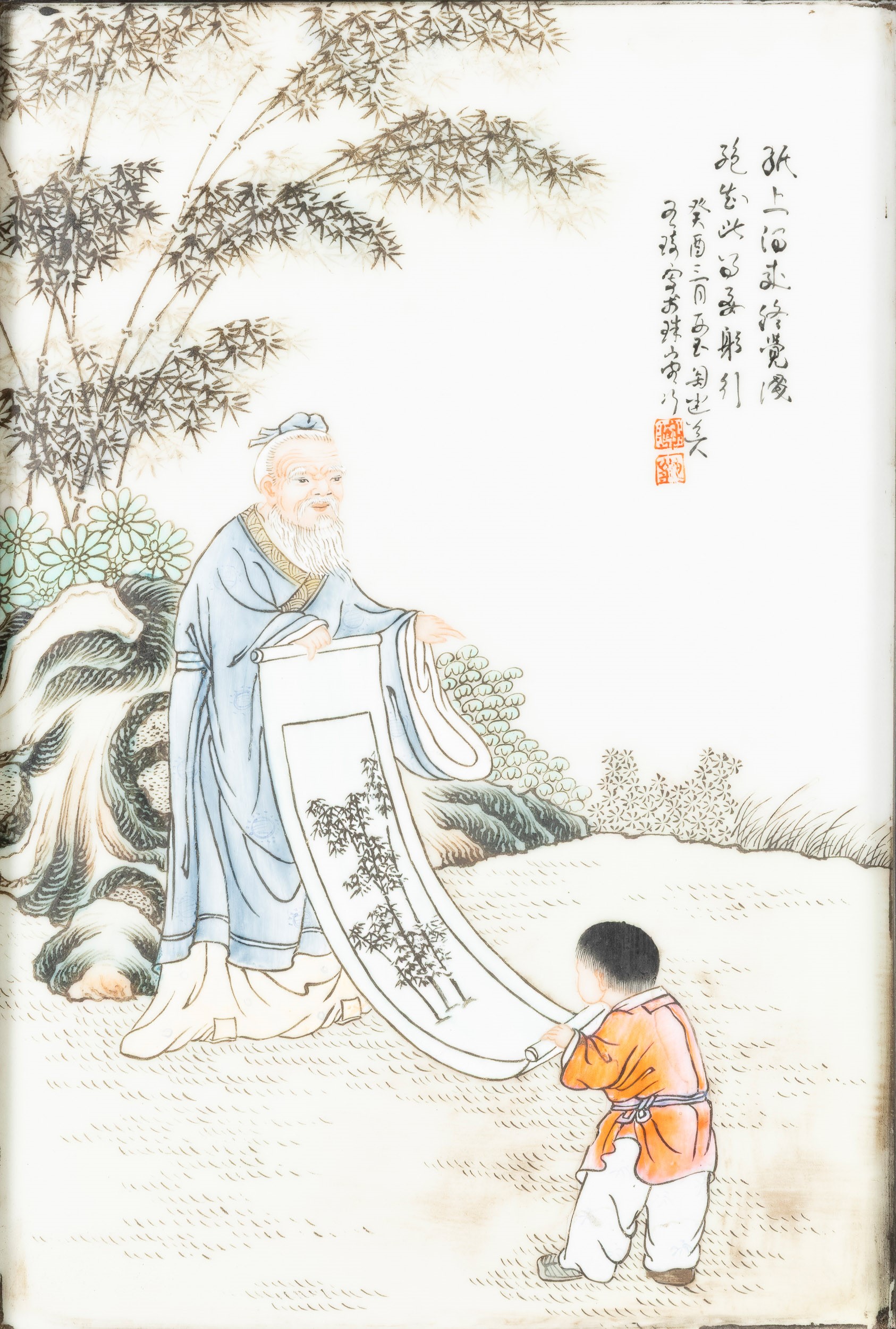 Lotto composto da quattro pannelli in porcellana policroma con scene di saggi e iscrizioni, Cina,...