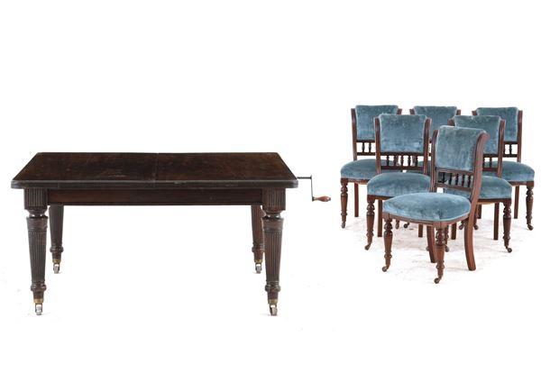 Tavolo allungabile con tre allunghe più sei sedie, Inghilterra XIX secolo