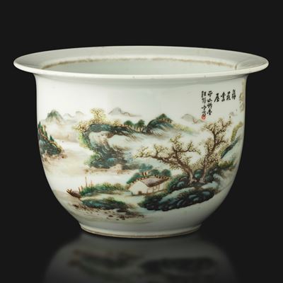 Wang Yeting, Vaso portafiori in porcellana con soggetto paesaggistico, Cina, Dinastia Qing (attri...