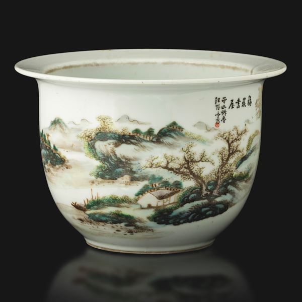 Porcelain flower vase with landscape decoration, signed Wang Yeting, China, Qing Dynasty, 20th century.