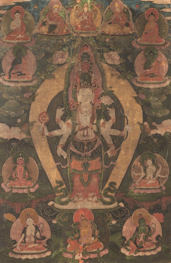 Thangka su seta raffigurante Buddha con divinità, Tibet,XVIII secolo