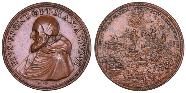STATO PONTIFICIO. PIO V (Antonio Ghislieri), 1566-1572. Medaglia in bronzo A. VI. Ricordo della battaglia di Lepanto.