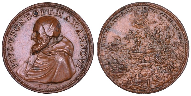STATO PONTIFICIO. PIO V (Antonio Ghislieri), 1566-1572. Medaglia in bronzo A. VI. Ricordo della battaglia di Lepanto.  - Asta Numismatica - Cambi Casa d'Aste