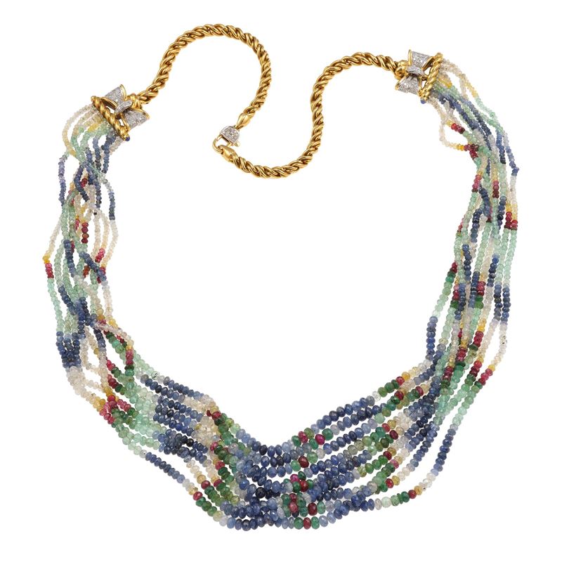 Corundum, beryl, and gold necklace. Minor damages  - Auction Fine Jewellery - Cambi Casa d'Aste