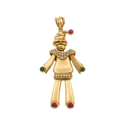 Pendente "pulcinella" con Diamanti, Rubini e Smeraldi Taglio Cabochon