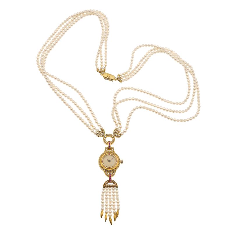 Diamond, ruby, enamel and gold sautoir with pendent watch. The movement has not been tested for the accuracy of time and may need a service  - Auction Fine Jewellery - Cambi Casa d'Aste