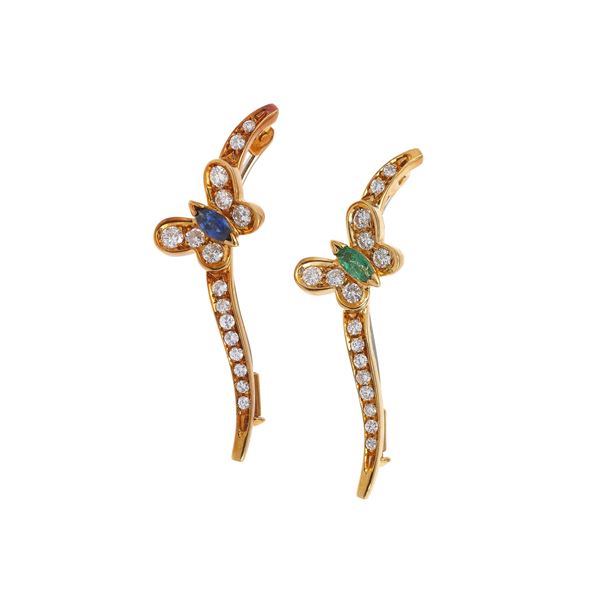 Two diamond, emerald, saphhire and gold brooches