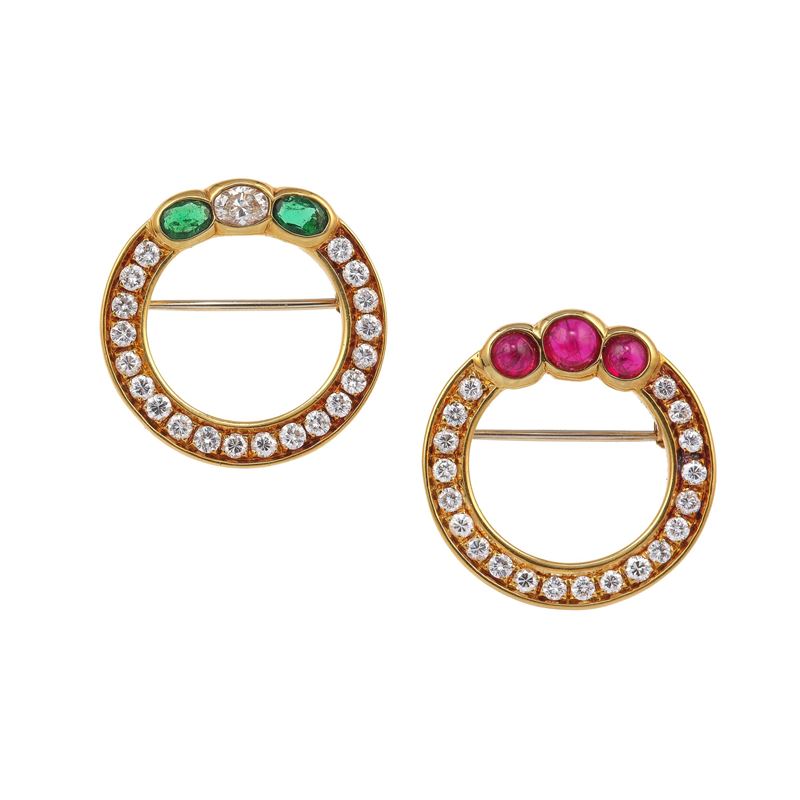 Two diamond, ruby, emerald and gold brooches  - Auction Jewels - Cambi Casa d'Aste