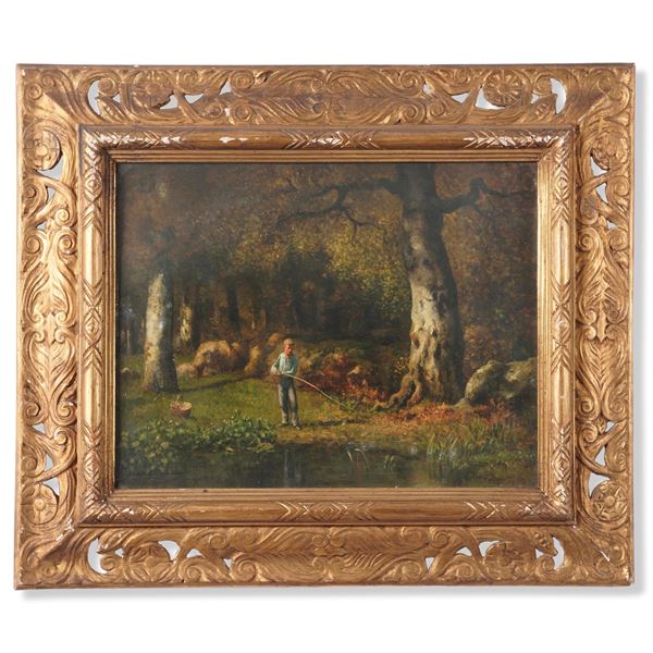 Scuola inglese del XX secolo (Potamont?) Paesaggio boschivo con pescatore