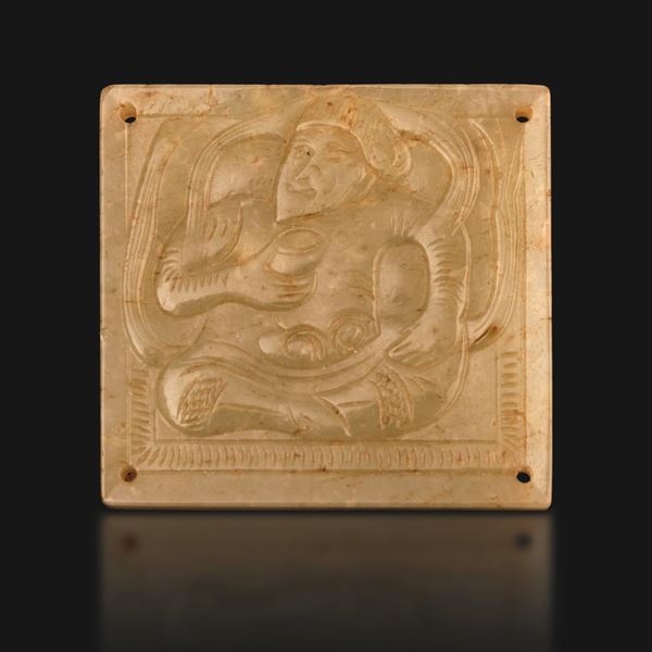 Placca in giada Celadon raffigurante personaggio inciso, Cina, XX secolo