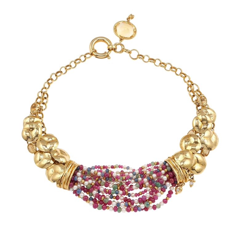 Pearl, ruby, emerald, sapphire, diamond, quartz and gold necklace. Signed Misani  - Auction Fine Jewellery - Cambi Casa d'Aste