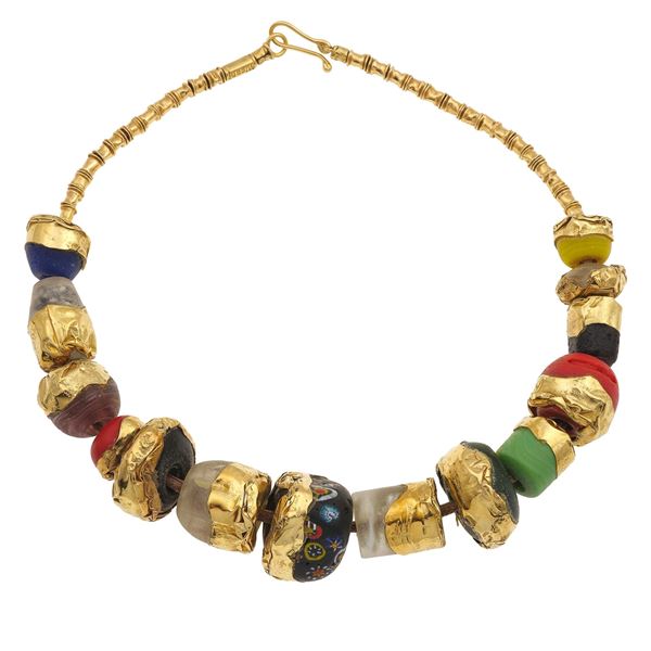 Murrine, glass paste and gold necklace. Signed Misani