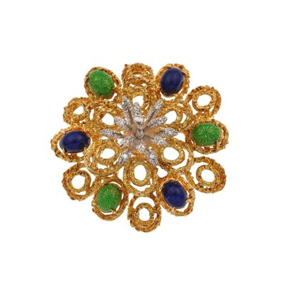 Spilla in oro 750/1000 con diamante centrale e smalti policromi