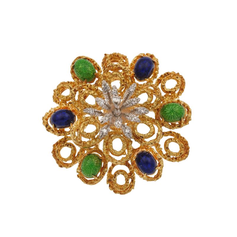 Spilla con diamante centrale e smalti policromi  - Asta Gioielli - Cambi Casa d'Aste