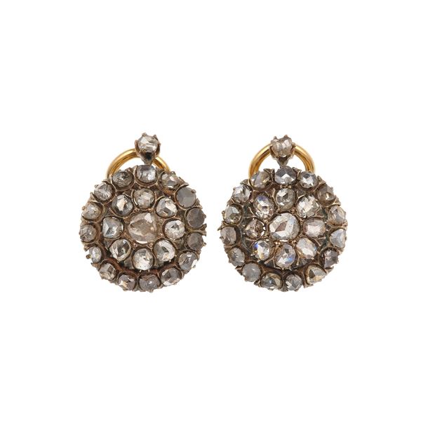 Pair of rose-cut diamond, gold and silver earrings