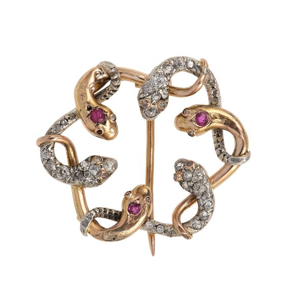 Diamond, ruby, gold and silver brooch