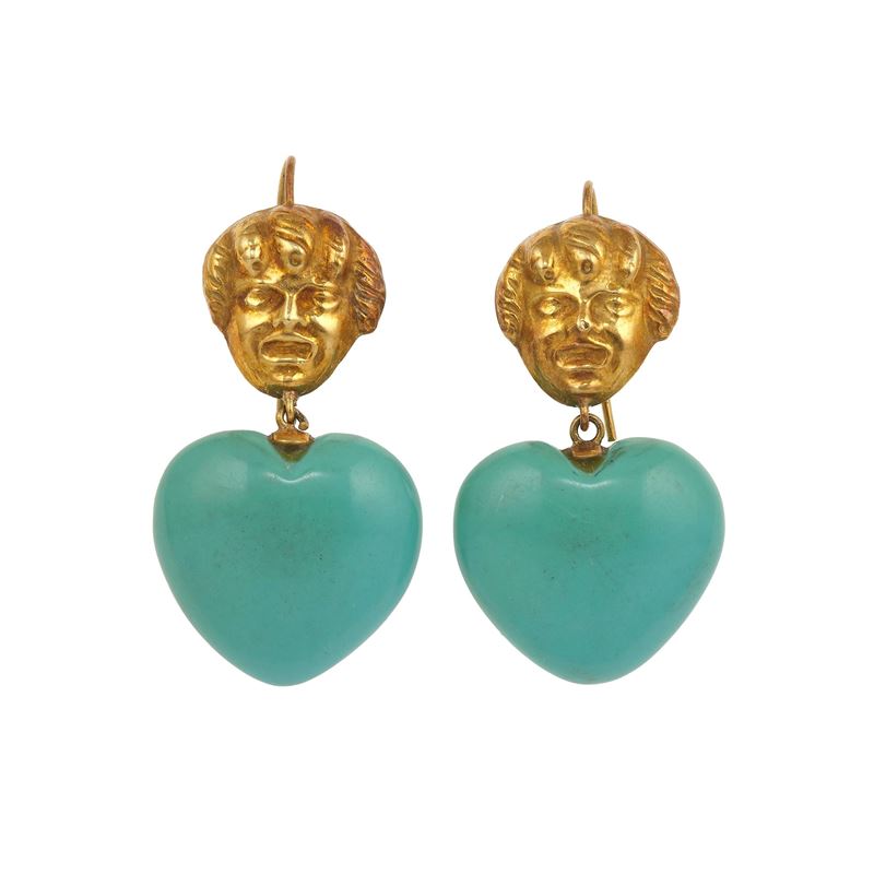 Pair of turquoise paste and gold earrings  - Auction Jewels - Cambi Casa d'Aste