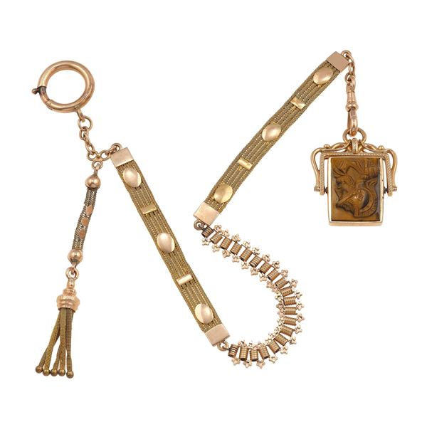 Catena da orologio con pendente con cammeo in occhio di tigre e agata