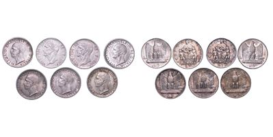 Regno d'Italia, Lotto di sette monete: 5 Lire Aquilotto 1926-1930 e 5 Lire Impero 1936-1937