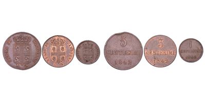 Regno di Sardegna, Lotto di tre monete: 5 Centesimi, 3 Centesimi e Centesimo del 1842