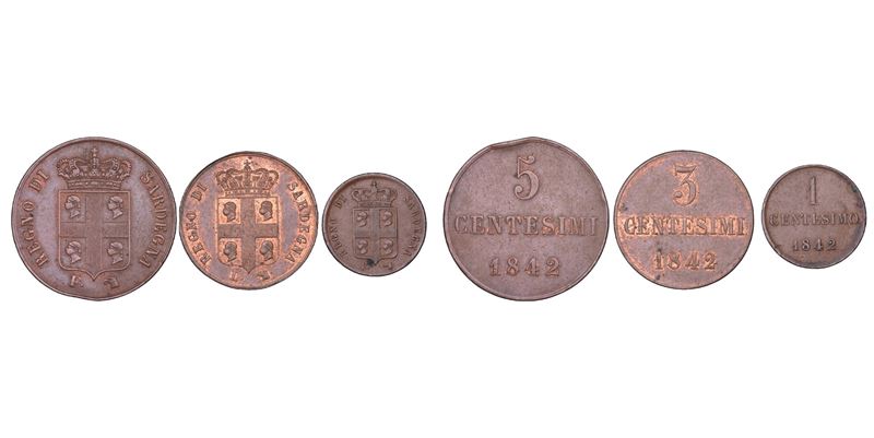 REGNO DI SARDEGNA. CARLO ALBERTO DI SAVOIA, 1831-1849. Lotto di tre monete.  - Asta Numismatica - Cambi Casa d'Aste