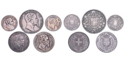 Vittorio Emanuele II di Savoia, Lotto di cinque monete, 1859-1861, Esemplari in argento