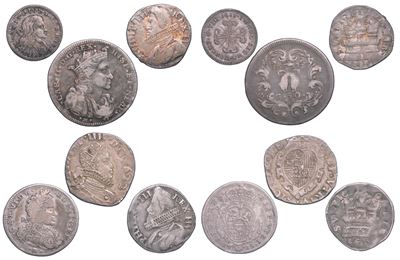 Monete italiane, Lotto di sei monete in argento dei regni di Filippo III, Filippo IV, Carlo II e ...